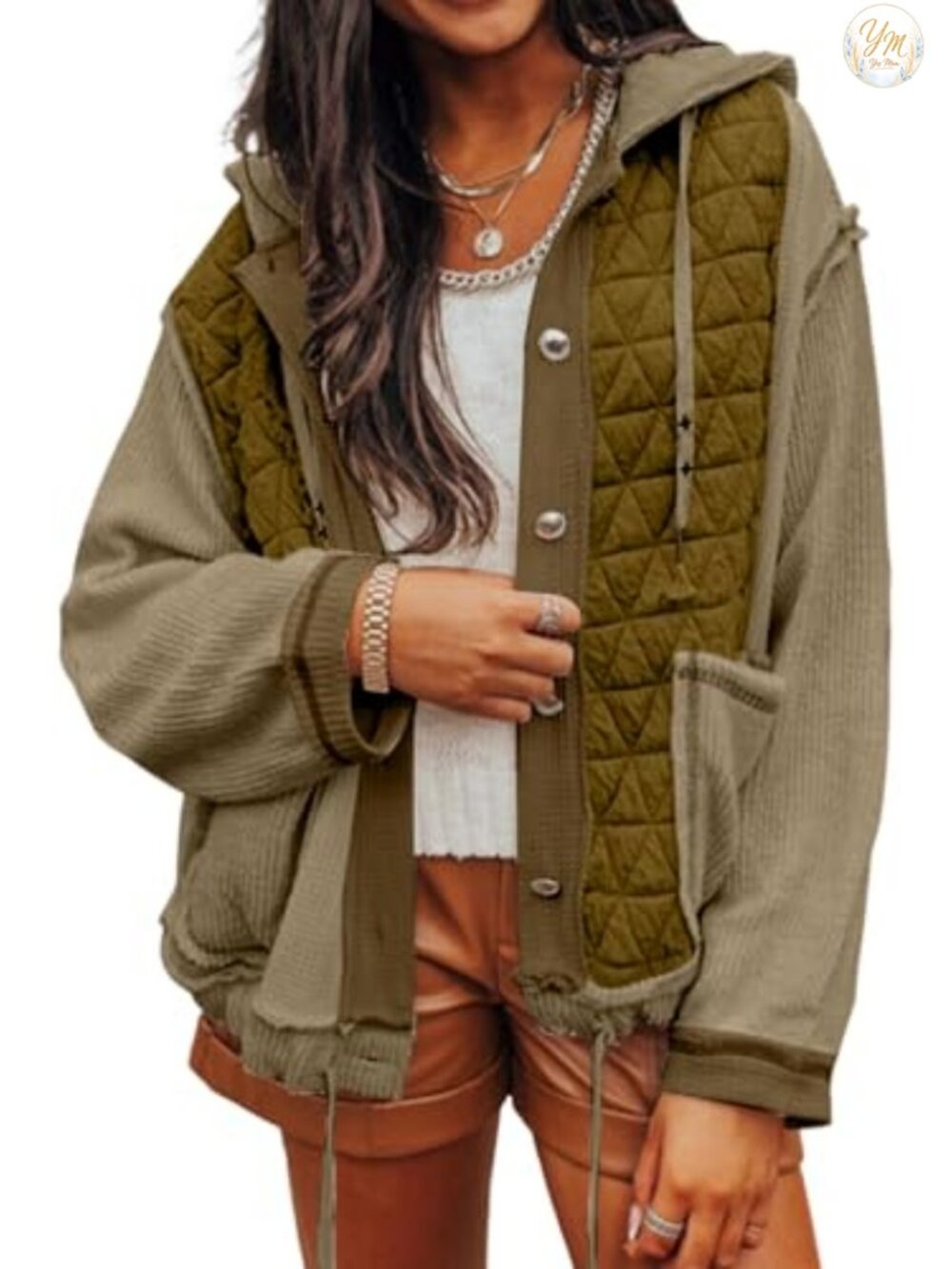 Women's Quilted Patchwork Hooded Loose Shacket Zip Snap Front Jacket